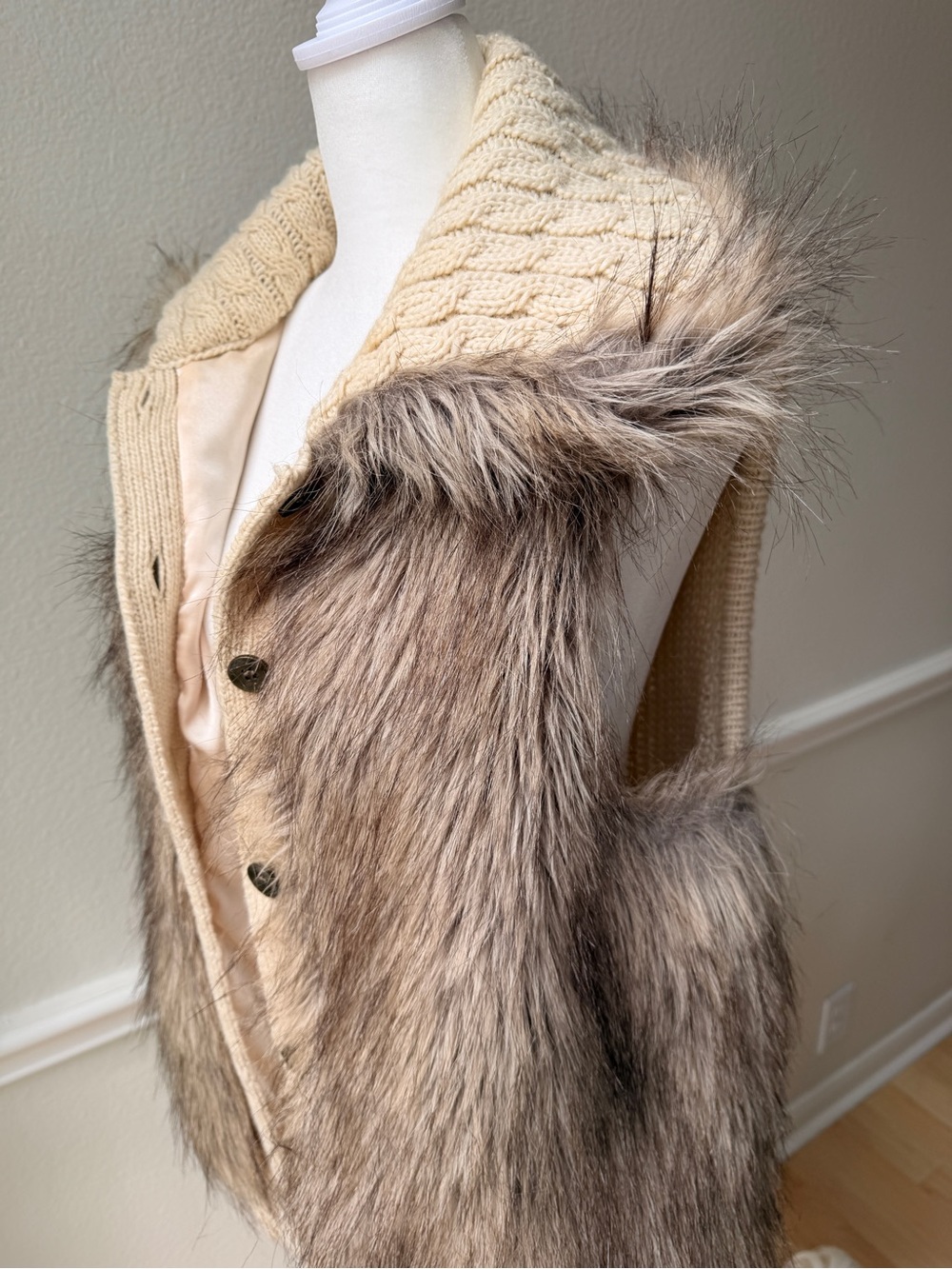 Faux Fur Sweater Vest Wool Alpaca Blend Chunky Knit Boho Festival Layering M